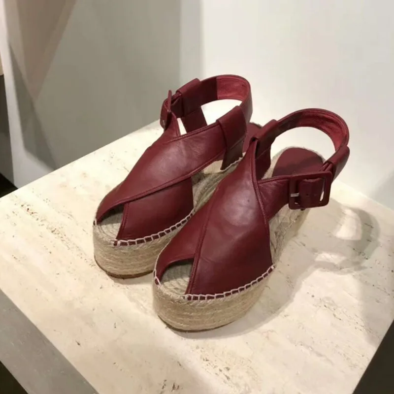 

New 2018 Shoes Woman Leather Sandals Hemp Flat Platform Sandals Peep Toe Designer Woman Casual Sandals Increasing Cozy Shoes