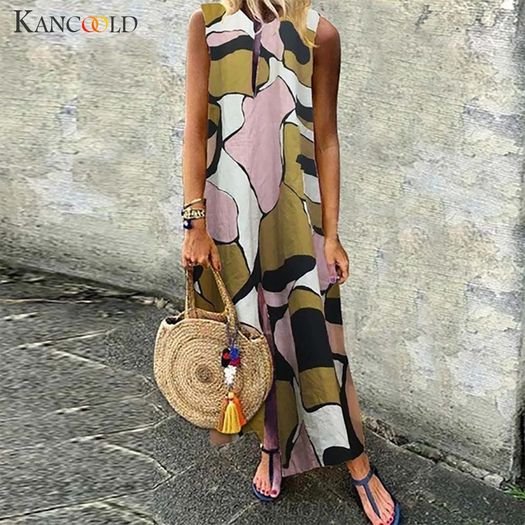KANCOOLD dress Women Printed Sleeveless V-neck Maxi Dress summer Long Hem Baggy Kaftan O-Neck fashion new dress women 2022Mar1