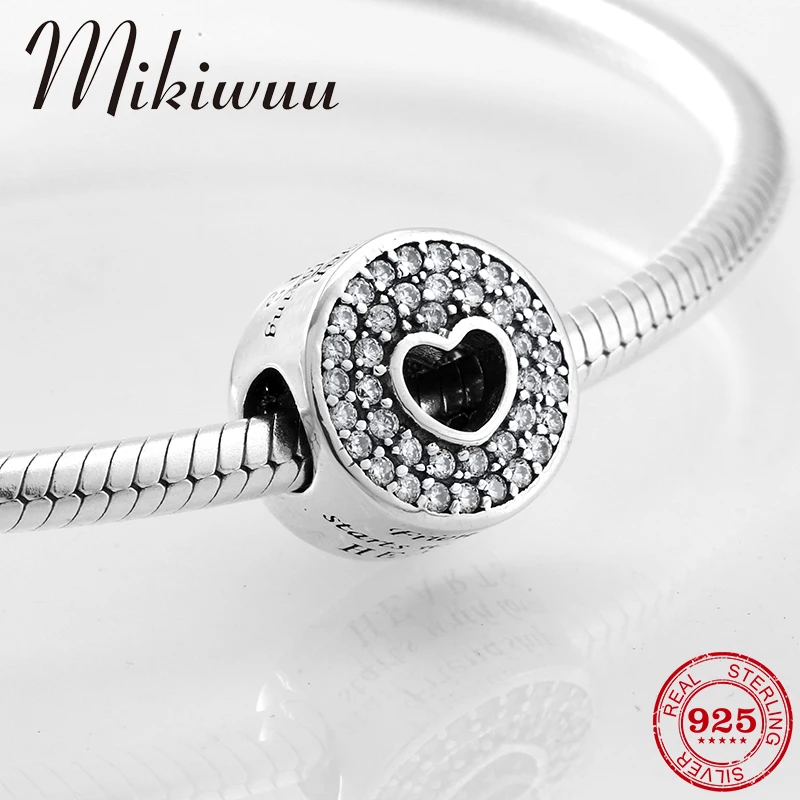 

925 Sterling Silver Hollow out heart shape DIY sparkling CZ fine beads Fit Original Pandora Charm Bracelet Jewelry making