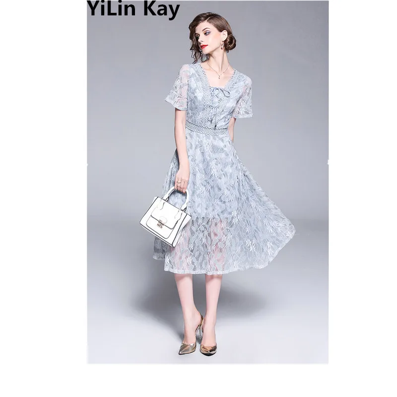 

YiLin Kay High Quality 2019 Summer Runway Designer Dress Women's V-Neck Lace Sexy Party Dress