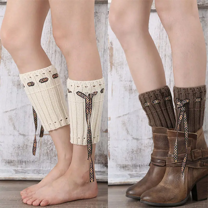 

Girls Lady Winter Boot Toppers Knitted Leg Warmers for Women Lace Rope Boot Cuffs Off White Leg Warmers