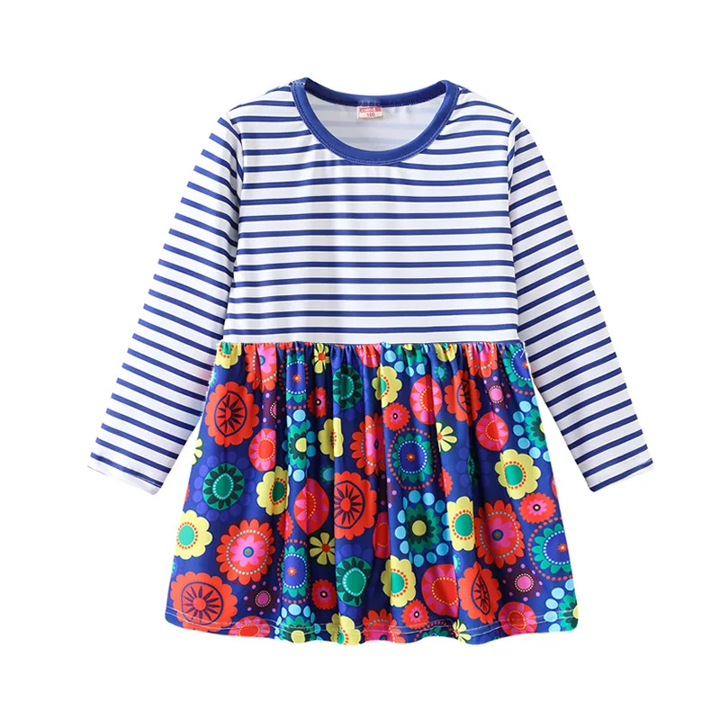 Summer Casual Printed and Striped Patchwork Baby Princess Girls Long-Sleeved Dress Girls Clothes For 2-7 Years Old