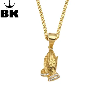 

Hip Hop Stainless Steel Prayer Charm Pendant Necklace Iced Out Crystal Praying Hands With Cross Religious Necklace For Men