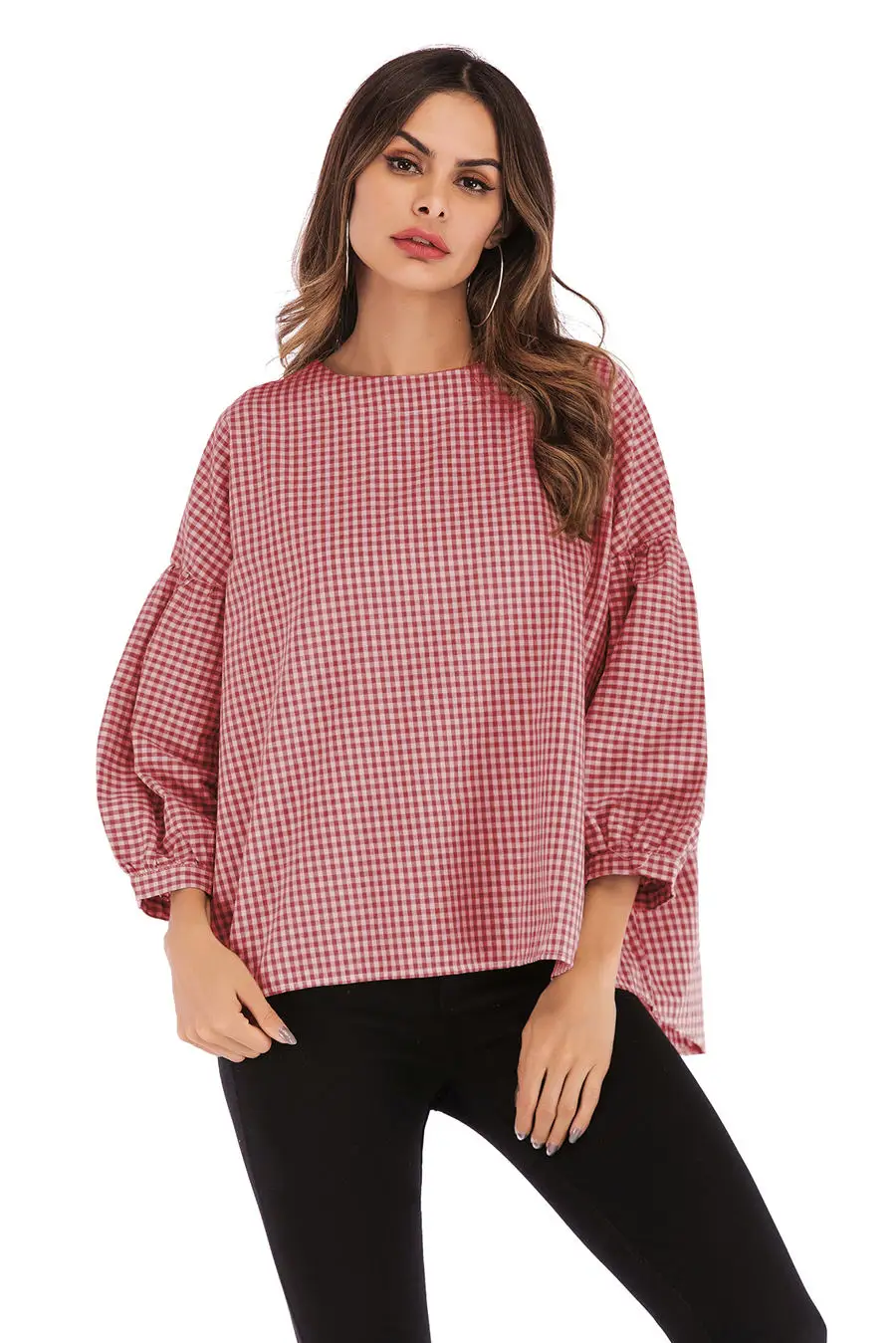 Gladiolus New 2019 Spring Plaid Shirt Women Puff Sleeve O Neck Button Loose Blouse Women Shirts Summer Casual Ladies Shirt Tops (10)