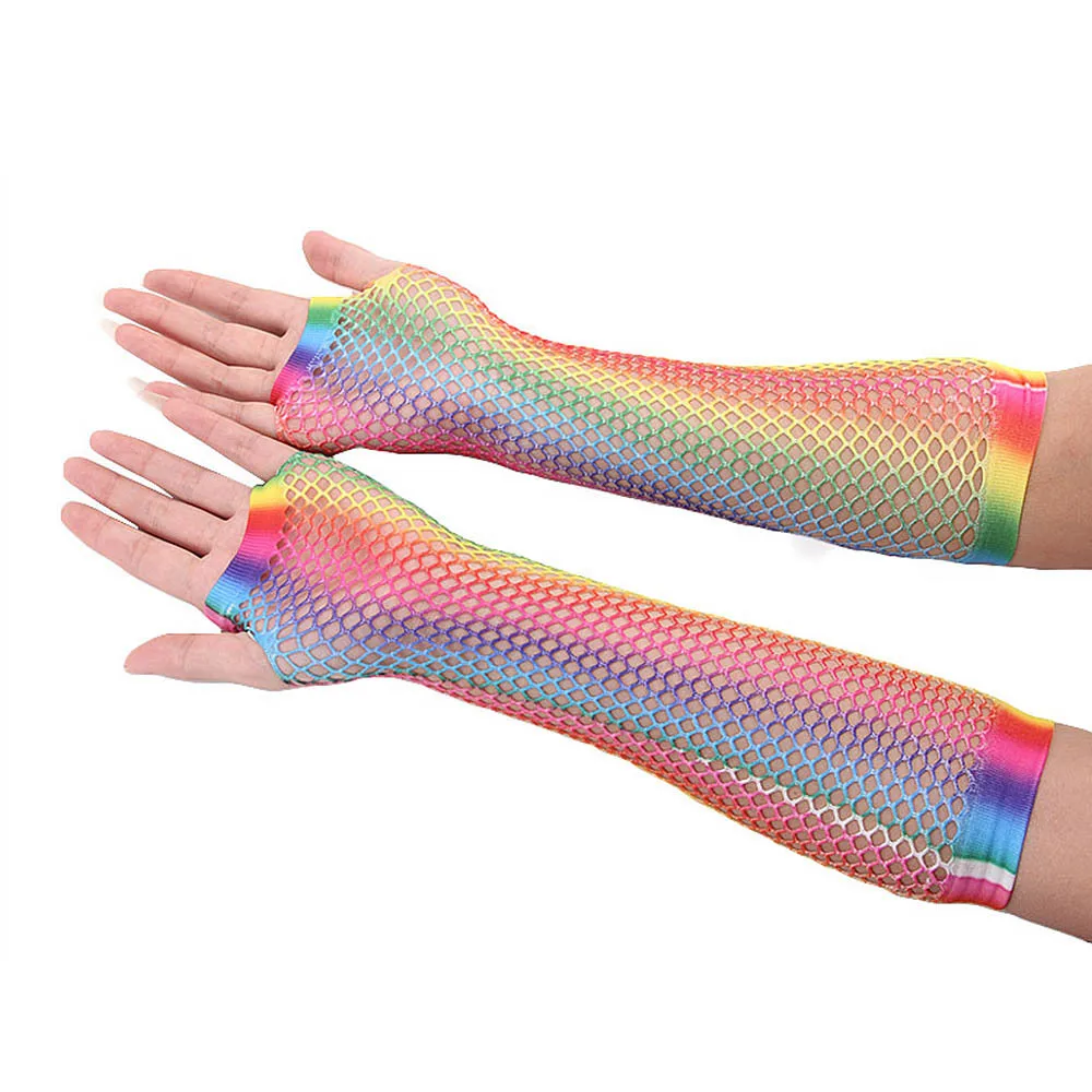 1 Pair Rainbow Printed Fingerless Mesh Net Gloves Women Party