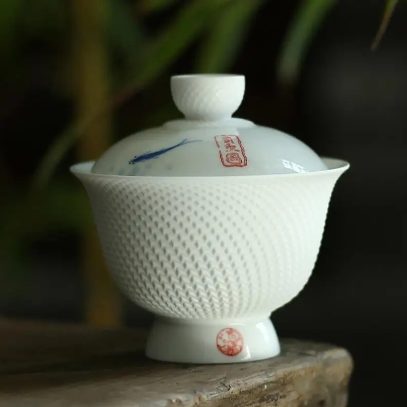 TANGPIN чайный набор керамический чайник ручная роспись gaiwan рыба чайная чашка из фарфора китайский чайный набор кунг-фу - Цвет: Белый