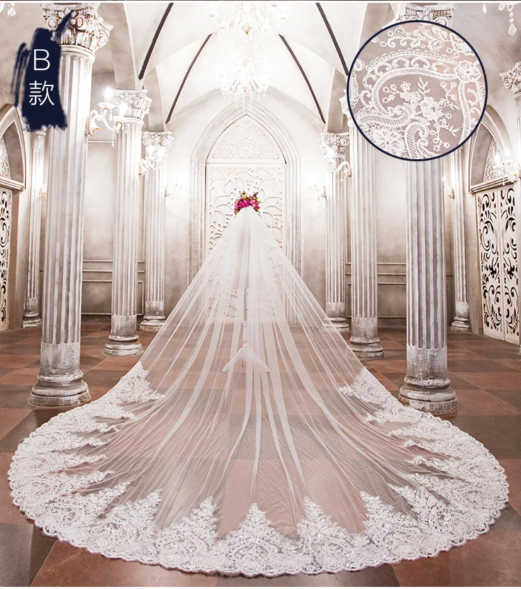 Lakshmigown 3,5 метров Длинные Свадебные вуали Роскошная королевская длина собора блесток церковная Свадебная велорасческа Vail аксессуары