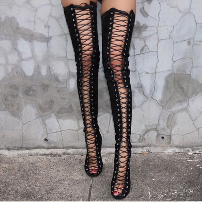 Faux Suede Slim Boots Sexy Over The Knee High Women Thigh High Boots Gladiator Shoes Woman Boots Lace Up Peep Toe Shoes