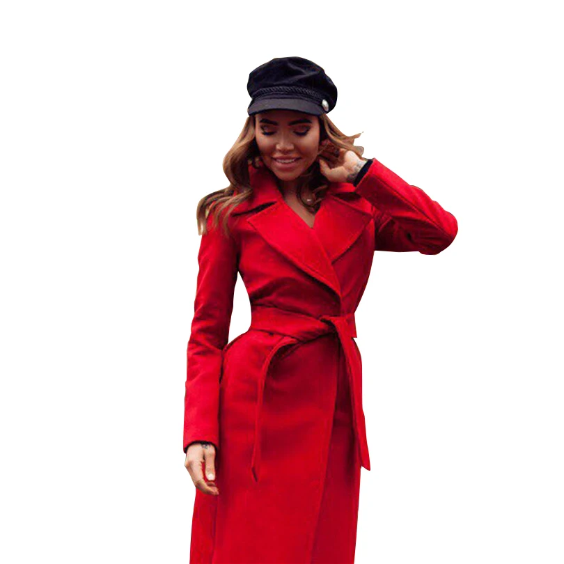  MVGIRLRU elegant Long Women's coat lapel 2 pockets belted Jackets solid color coats Female Outerwea