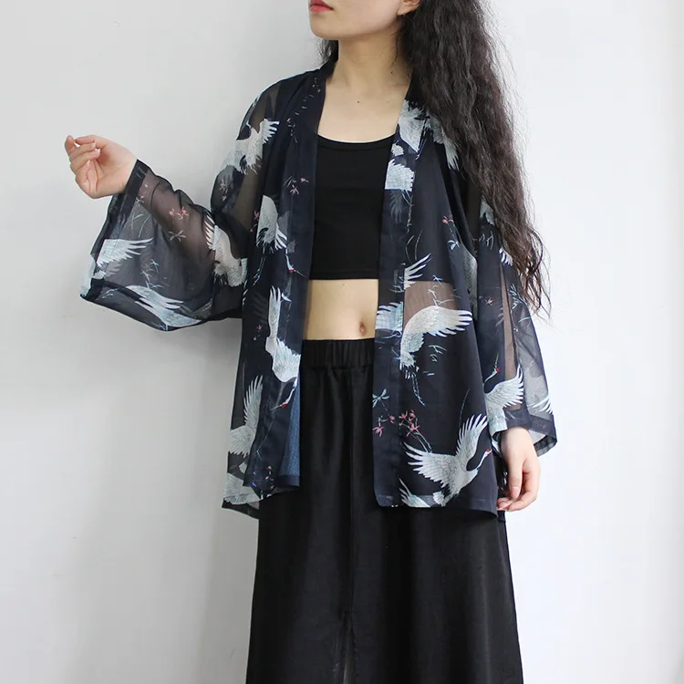 

Summer Original Japanese Style Wind and Snow Chiffon Cardigan Crane Pattern Thin Kimono Jacket Sunscreen