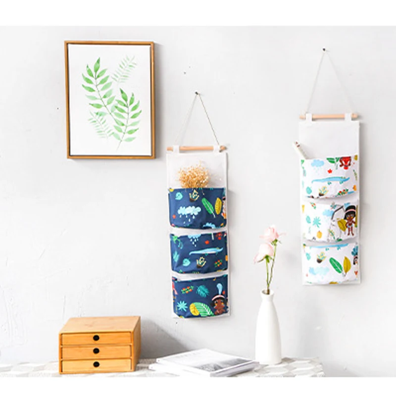 3 Layer Wall Hanging Bags Storage Bag Cotton Linen Door Hanging Bag