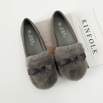 

SWYIVY Fur Flats Loafer Shoes Woman Bow 2018 Autumn Winter Female Casual Shoes Round Toe 33 43 Velvet Warm Slip On Loafers