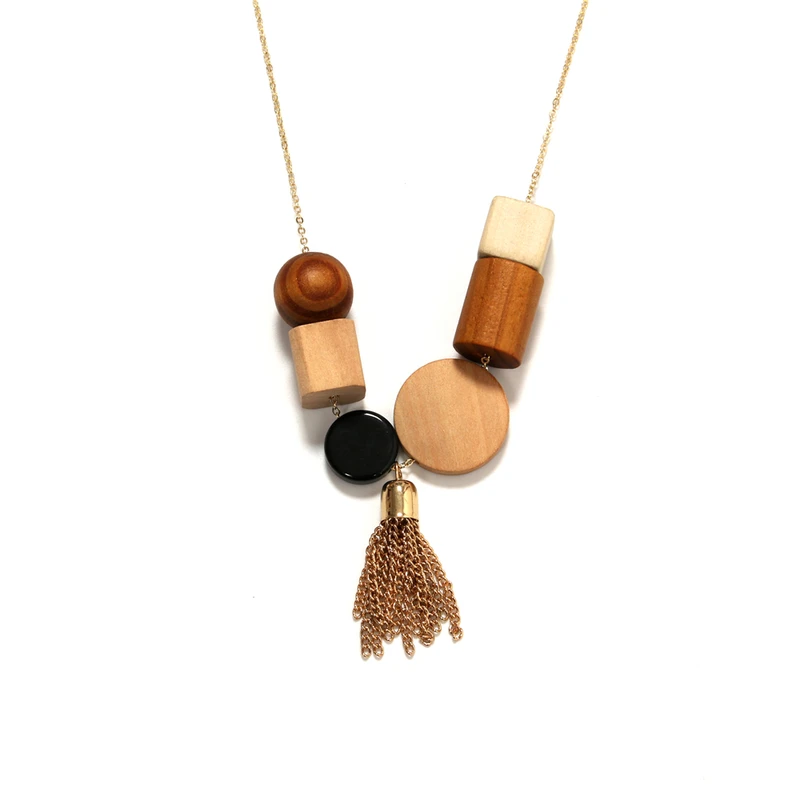 2018 Mori Girl Simple Geometry Element Wood Bead Tassel Pendant Sweater Necklace for Women Fashion Jewelry Accessories |