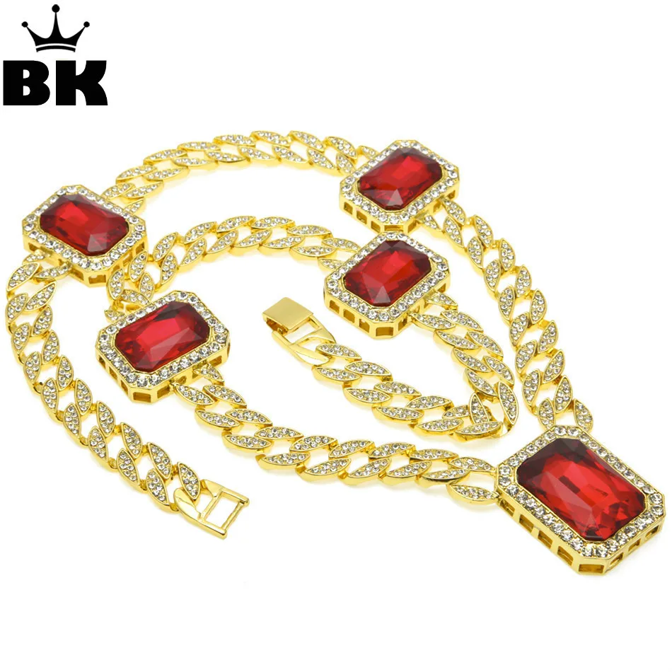 

Bling Bling Chain Mens Gold Color Iced Out Red Rhinestone Octagon Hip Hop Pendant 30" Chain Necklace