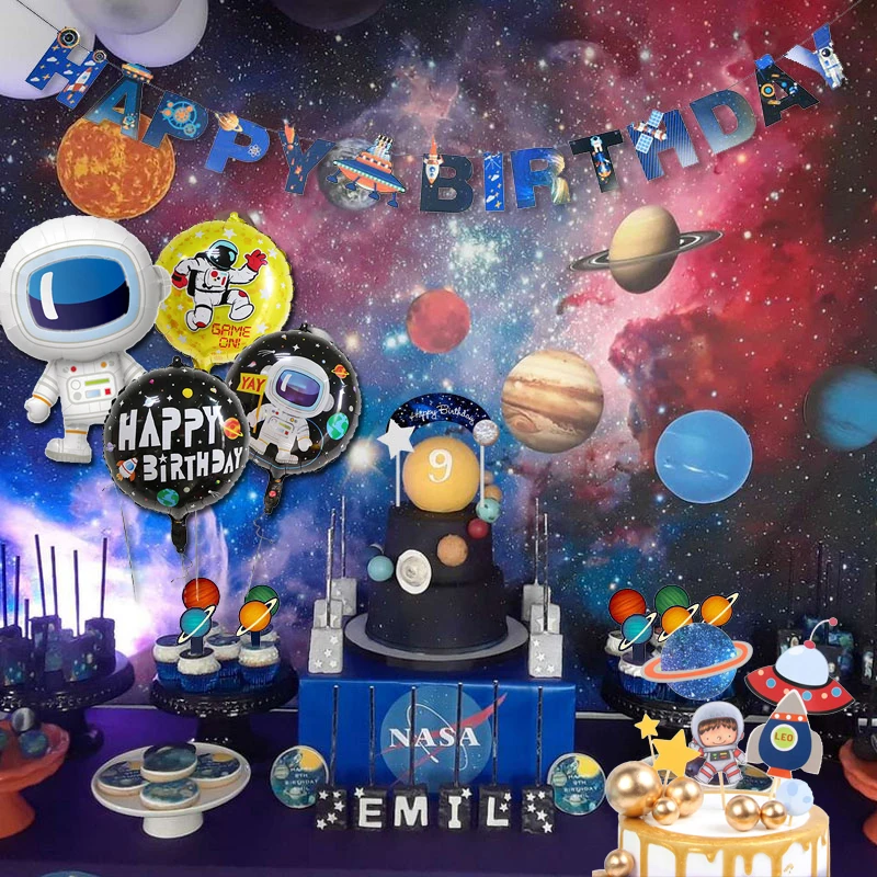 

Outer Space Party Astronaut Rocket Ship Theme Cake Toppers Foil Balloons Galaxy Solar System Party Boy Birthday Supplies