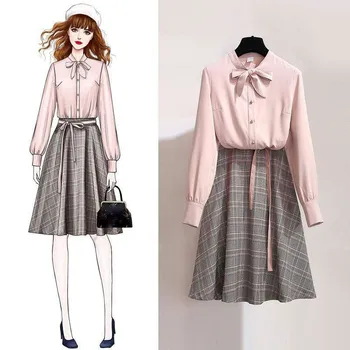 

New 2019 Spring Summer Women Sweet Suits Solid Shirts And Plaid Knee Length Skirts Sets Fashion Girls Two Piece Sets