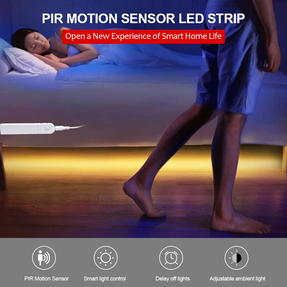 

1M 2M 3M with Motion Sensor DC5V LED Lights For Kitchen LED Under Cabinet Light Bedside Stairs Wardrobe Night Security Lamp A1
