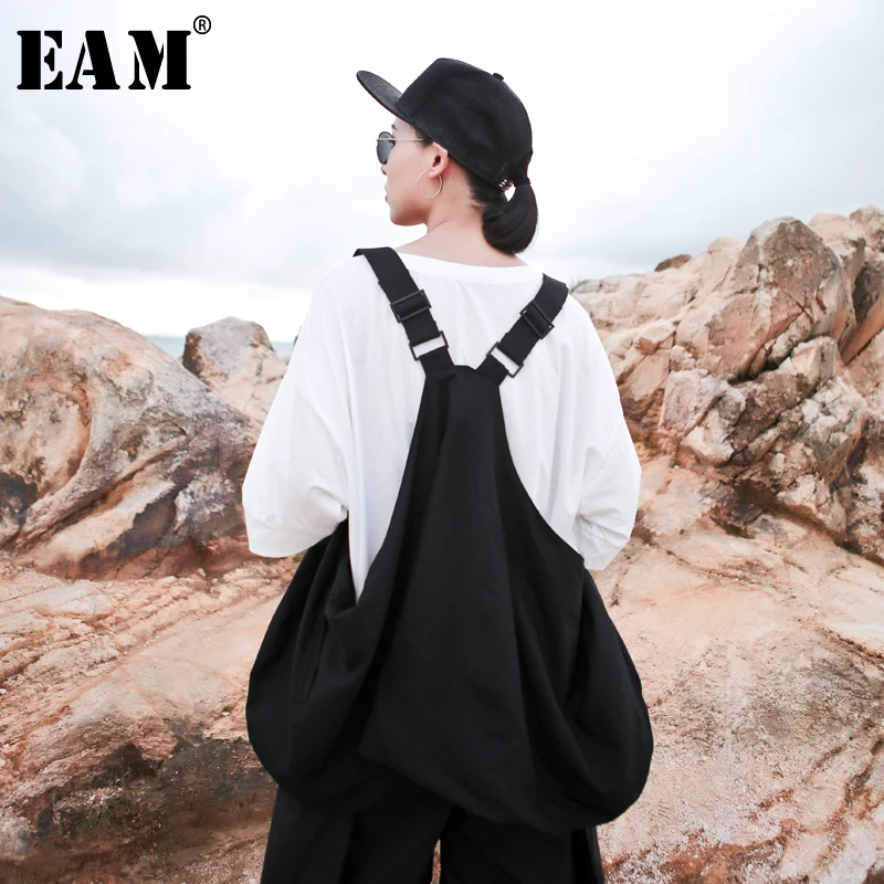 

[EAM] 2019 New Spring Summer V-collar Sleeveless Loose Big Pockets Spliced Personality Creative Vest Women Fashion Tide JY371