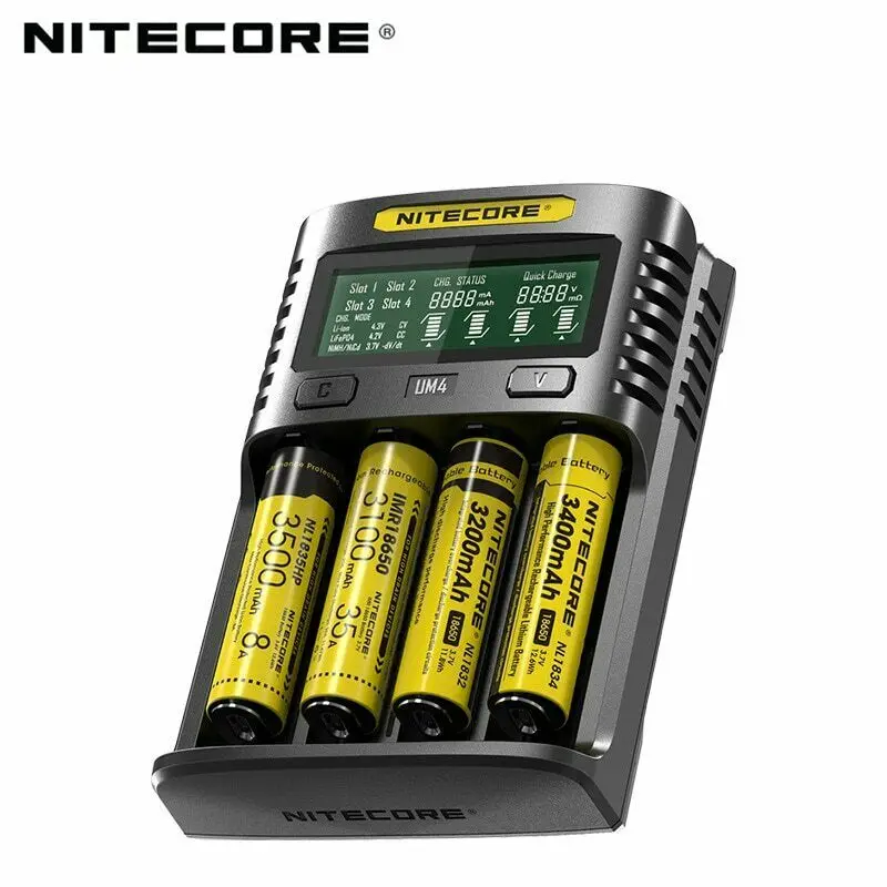 Оригинальное зарядное устройство NITECORE UMS2 UMS4 UM2 UM4 интеллигентая(ый) QC Зарядное устройство для 18650 16340 21700 20700 22650 26500 18350 AA AAA Батарея Зарядное устройство