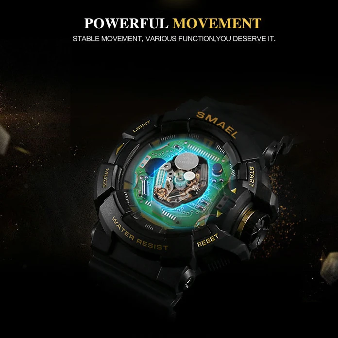 Спортивные часы водонепроницаемые SMAEL Shock Resist Dual Time светодиодный с большим