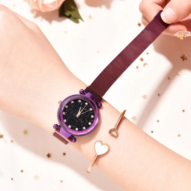 Top Brand Luxury Bracelet Watches Women Purple Magnet Buckle Mesh belt Starry Di Top Brand Luxury Bracelet Watches Women Purple Magnet Buckle Mesh belt Starry Di