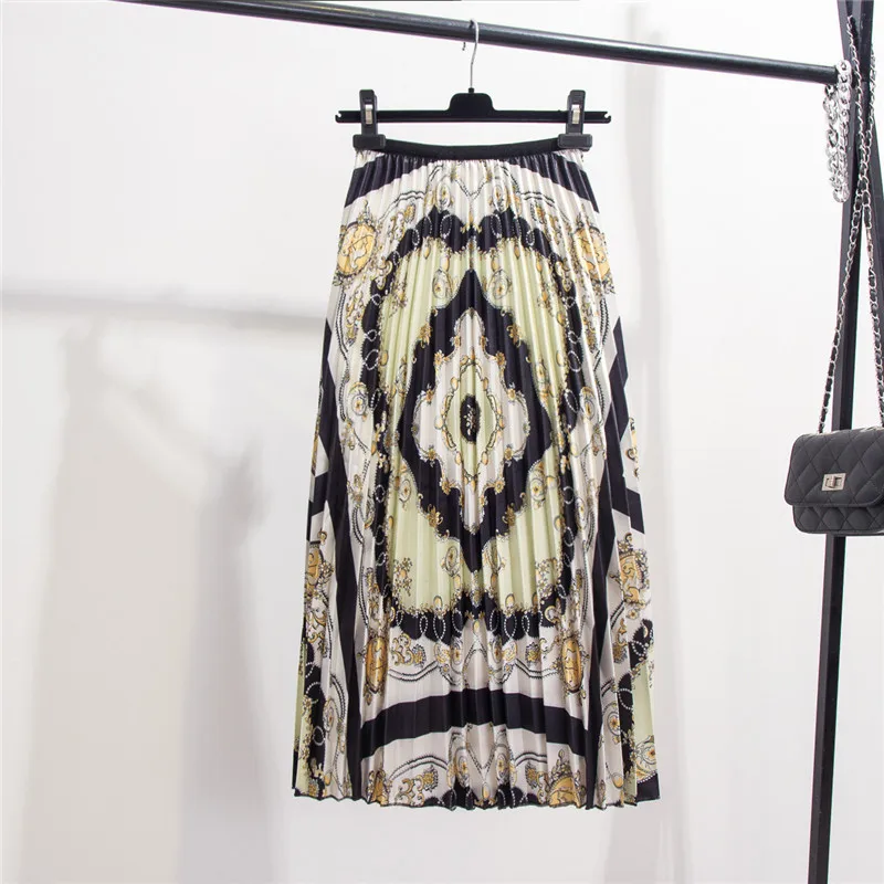 

2019 New-Coming Autumn Printing Geometric Pattern Fashion Pleated Women Long Skirt Party Holiday High Street Style