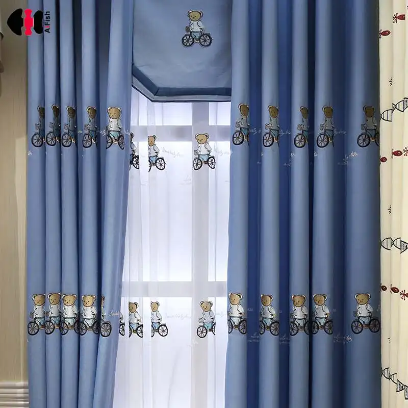 

Cute Kids Boys Children Cartoon Teddy Bear Boutique Embroidery Cotton Linen Curtains For Bedroom Window Drapes Panel L006C