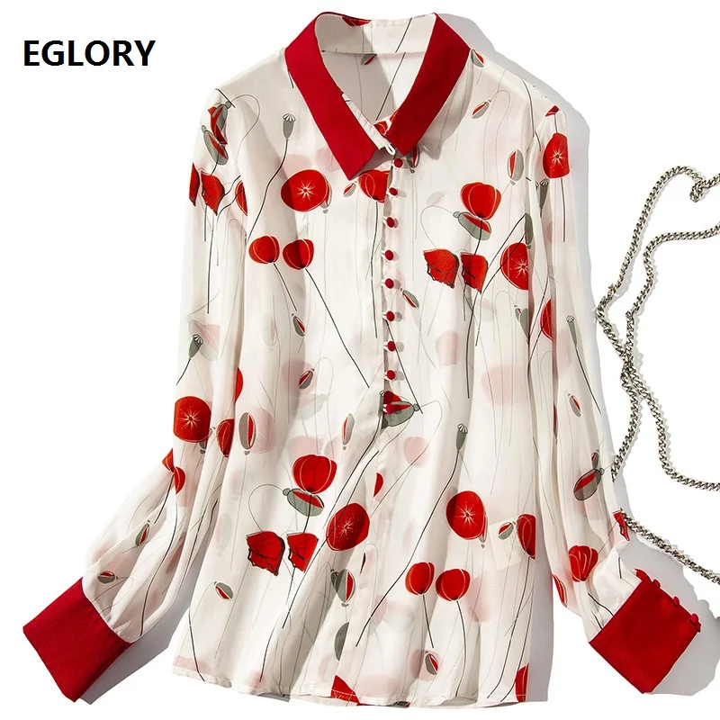 

100%Silk Blouse and Shirt 2019 Spring Summer High Quality Blouses Women Turn-down Collar Red Flower Print Tunic Shirt Blusas