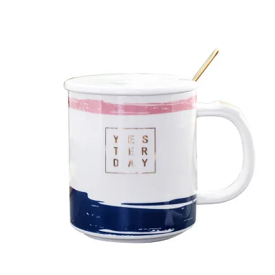 

Nordic Style Watercolor Harajuku Ceramic Cup Creative With lid Men and Women Students Popular Net Red Mug Business Teacup