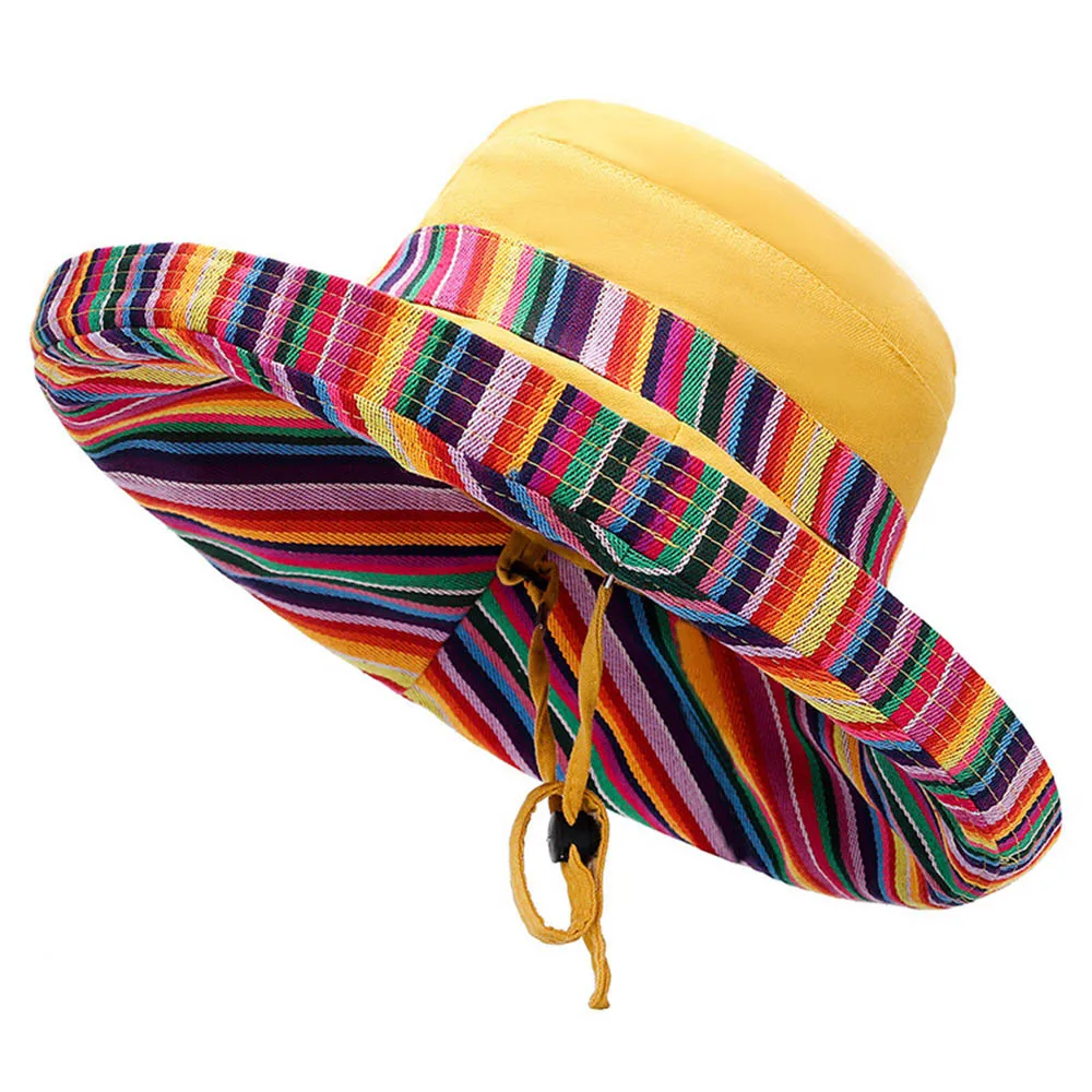

Double Face Ethnic Sun Hat Summer Women Bucket Caps Cotton Men Fishing Cap Big Brim Flat Top Foldable Hat Visor with Wind Rope