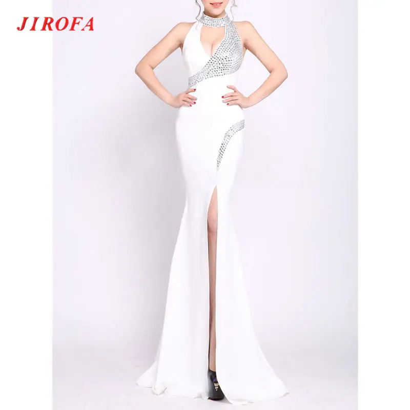 JIROFA Vestidos Verano, вечернее платье, труба, бисер, бодикон, Холтер, v-образный вырез, длинное, макси, сексуальное платье, вечерние, для ночного клуба, женское платье - Цвет: White