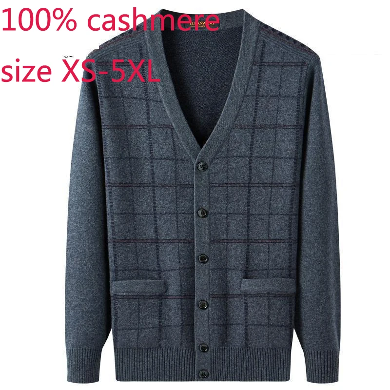 

New High Quality Men 100% Pure Cashmere Thickened Wine Red Sweater Coat Knitted V-neck Thick Cardigan Plaid Plus Size XS-4XL 5XL