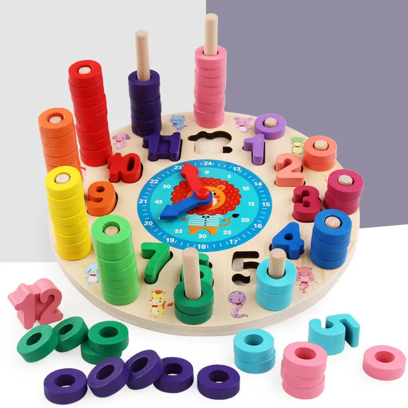 

Wooden multi-function rainbow digital clock alarm clock cognitive learning early education puzzle ring toys for baby gifts