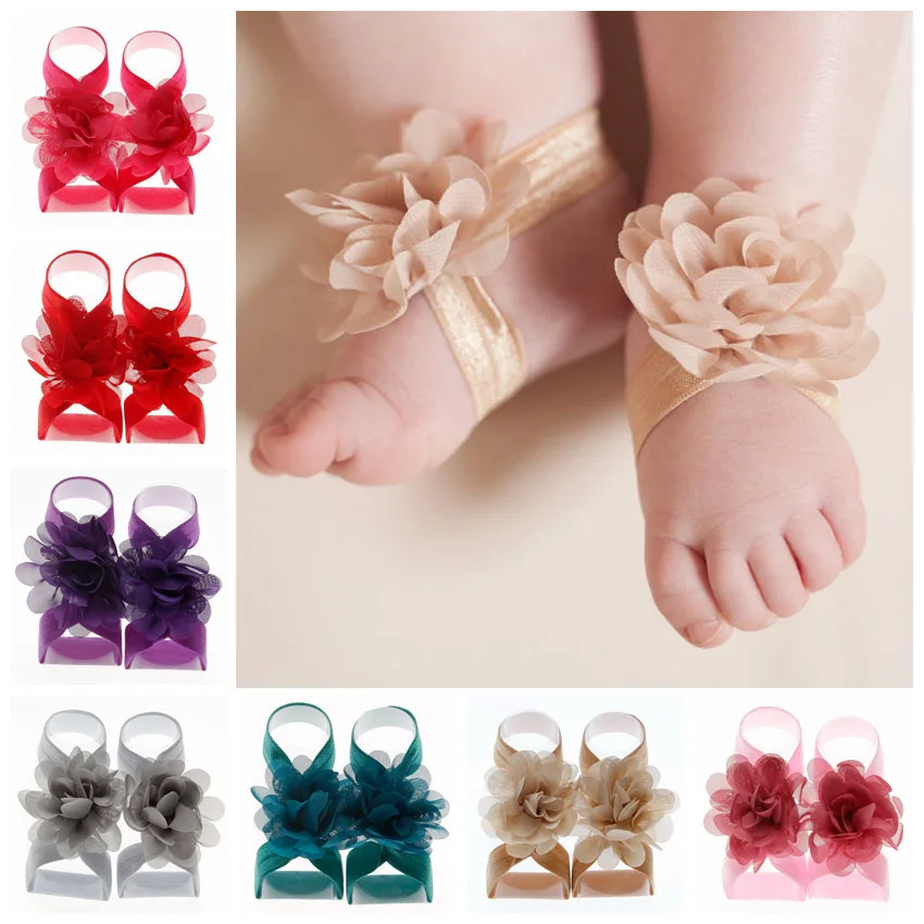 

New Hot Cute Mini Chiffon Flower Baby Barefoot Sandals first walkers Flower Foot Toddler flower Shoes Baby Girls Accessories