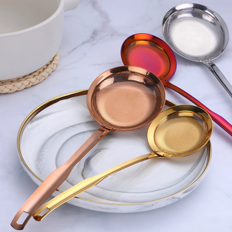 

Gold Sifting Oil Soup Spoon Separation Filtration Colander Kitchen Utensils Screen Oil Spoon Chafing Dish Skimming Tools 1pc