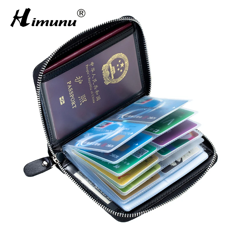 Large Capacity RFID Genuine Leather Wallet Bank/Name Card Holder Zipper