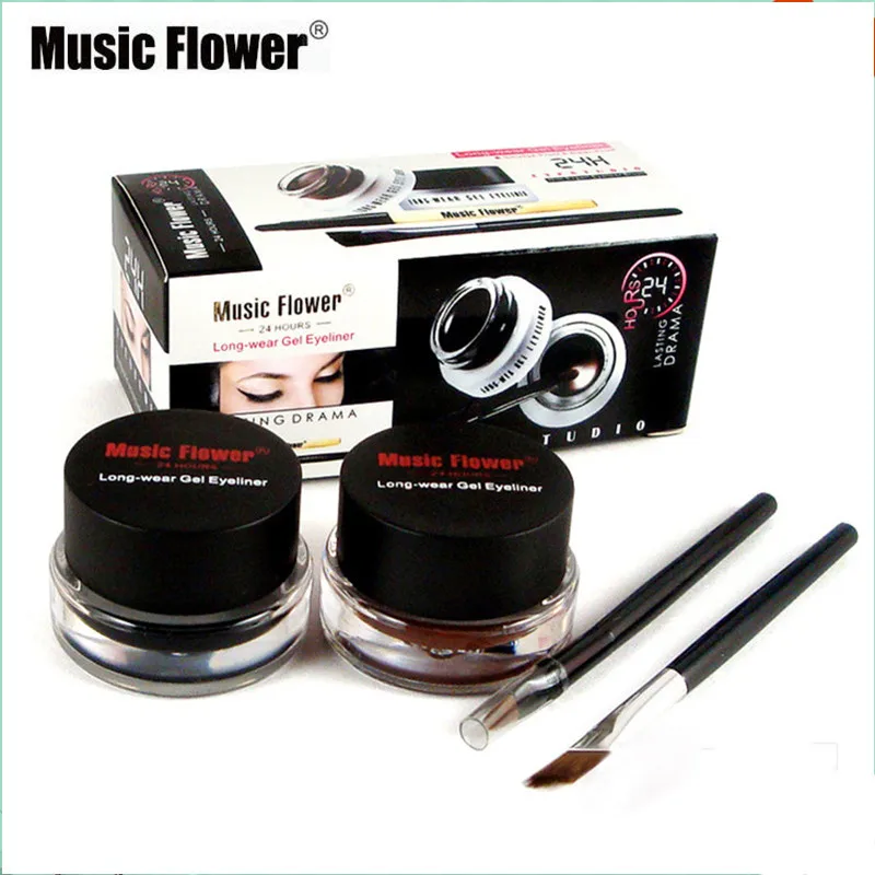 Music Flower 2 In 1 Brown + Black Eyeliner Gel Make Up Water-proof Eye Liner Kit Eye Makeup Tool With Brush 24H Long Lasting