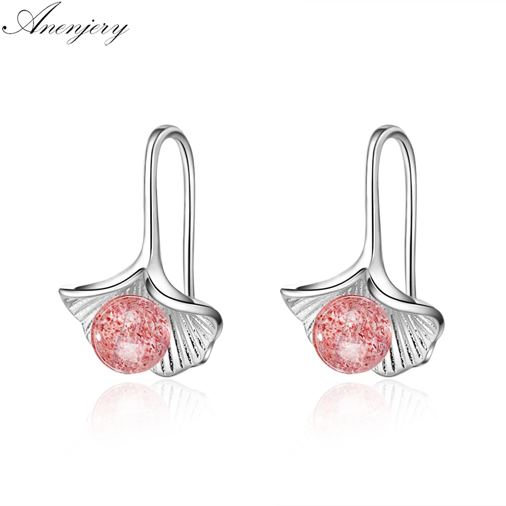 

Anenjery New Design Natural Strawberry Crystal Moonstone Leaf Earrings 925 Sterling Silver Earrings oorbellen S-E789