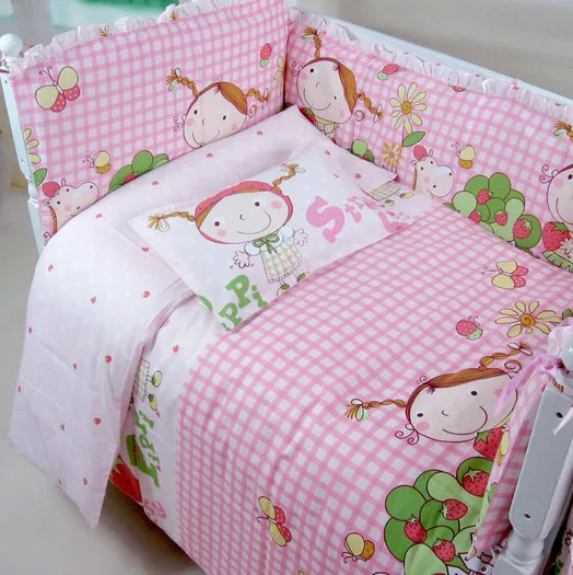 Free Shipping Cotton Pink Baby Bedding Set Cartoon Crib Bedding Set for Girls Detachable Cot Quilt Pillow Bumpers Fitted Sheet