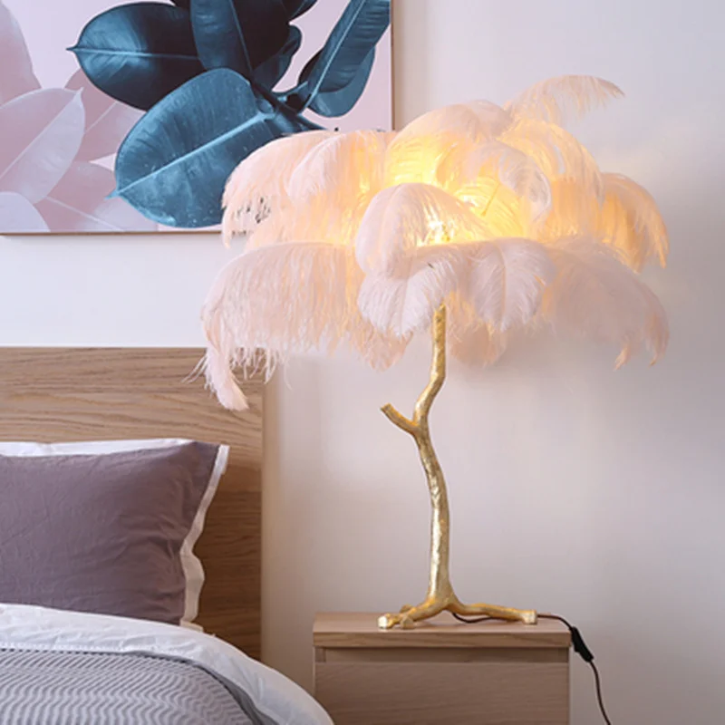  Nordic Copper Resin Gold Desk Lamp Ostrich Feather Bedside Lamp High-grade handmade tiffany lamps A