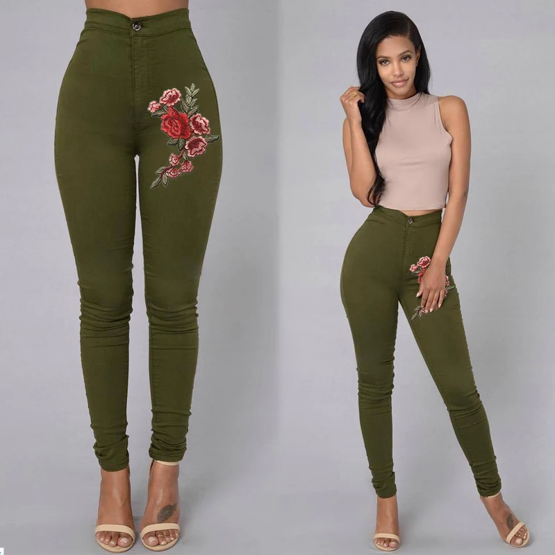 Новые модные женские узкие брюки-карандаш с высокой талией, длинные узкие брюки с цветочной вышивкой, обтягивающие джинсы