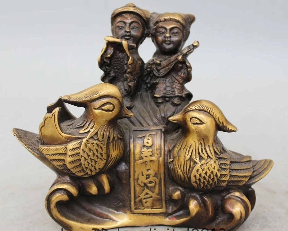 

6" Chinese Bronze Wealth Money spouse Mandarin Duck Bird Boy Girl Statue