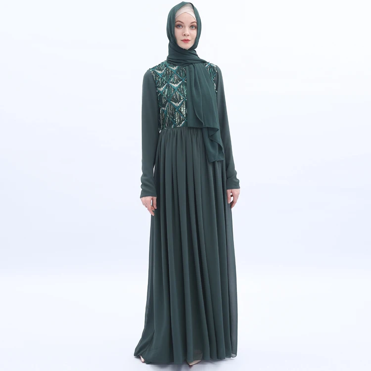 

Arabian Muslim lady summer long sleeve chiffon sequins abaya dress