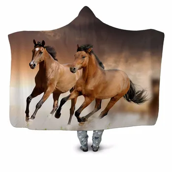 

Two Horses 3D Printed Plush Hooded Blanket for Adult Children Sofa Quilt Warm Wearable Fleece Throw Blanket Home Office Washable