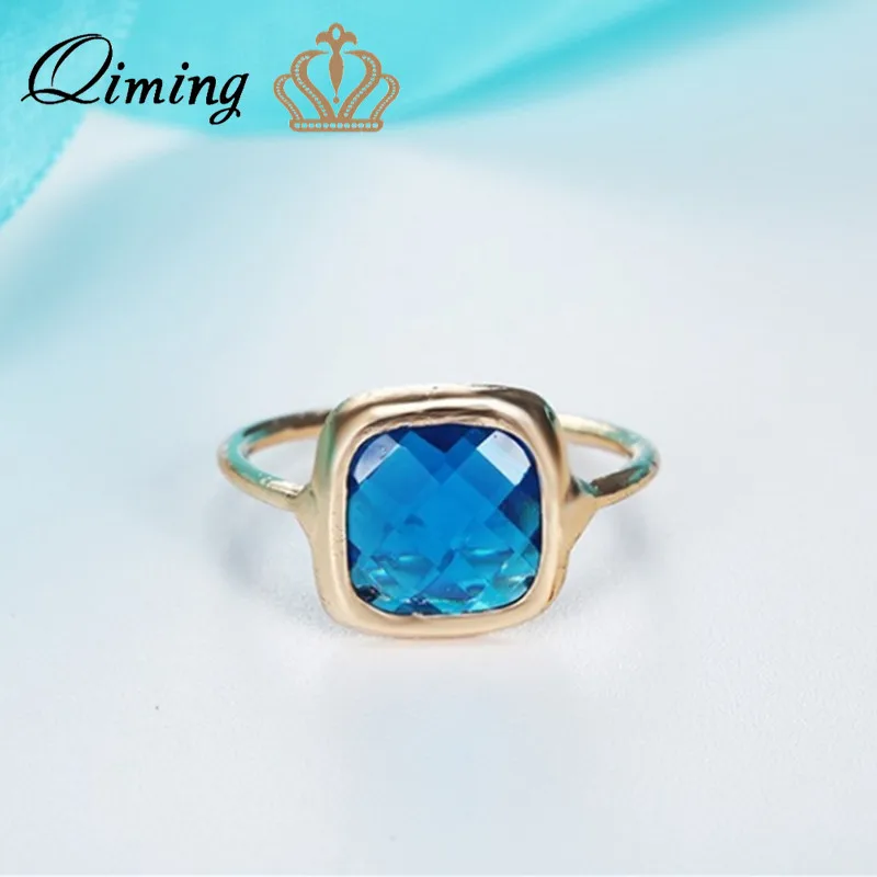 

QIMING Big Blue Ring Engagement Gold Women Boho Jewelry Square Pendant Woman Rings Statement Gift