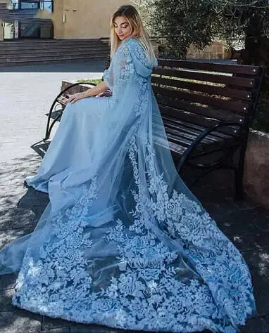 plus size formal wear Hooded Cap Blue Muslim Chiffon Two Pieces Evening Dresses With Appliques dubai Robe Prom Evening Dress Party formal evening dresses Evening Dresses
