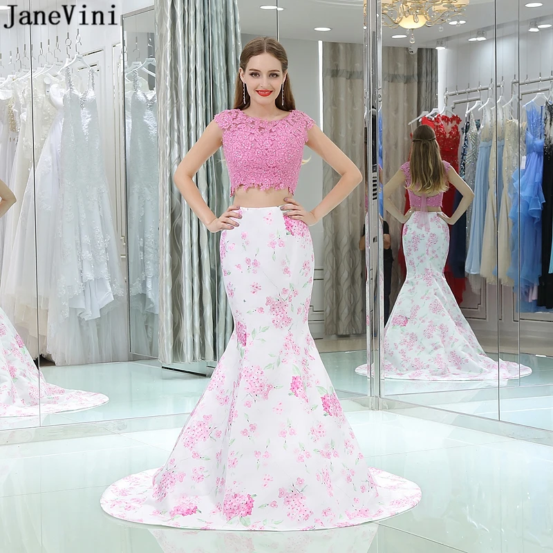 

JaneVini Elegant Pink Satin Floral Print 2 Pieces Bridesmaid Dresses O Neck Lace Appliques Beaded Mermaid Prom Gowns Sweep Train