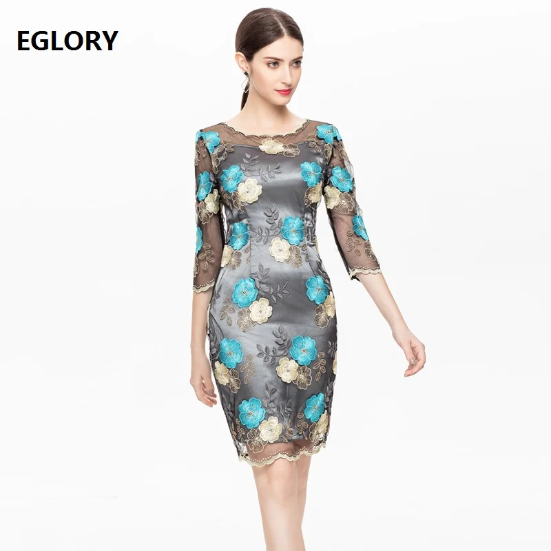 

New Plus Size Clothing Women's Dress 2018 Autumn Style Ladies Sexy Tulle Mesh Embroidery Sheath Party Knee Length Dress XXXL