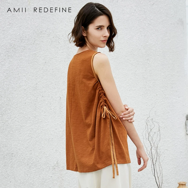 AMII REDEFINE Crop Top Summer 2018 T-shirts Causal Solid Bow Lace Up Ladies Cotton Shirts | Женская одежда