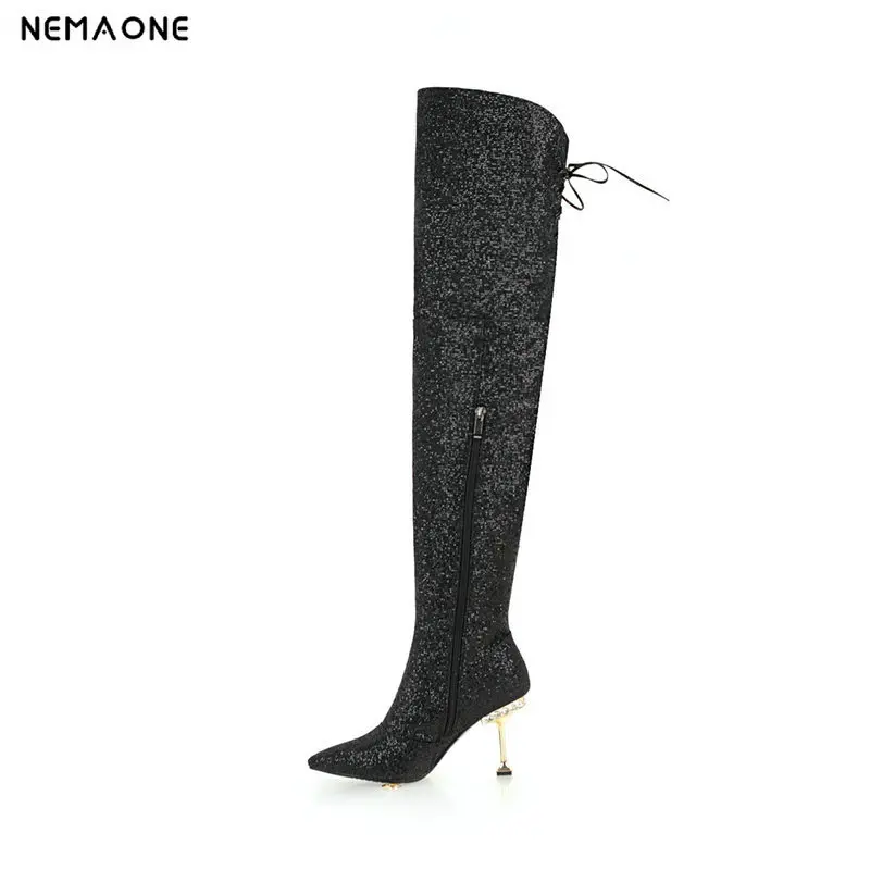 Talons Hauts Mariage argent Bling Hiver Haut Femmes Le Femme Partie Noir or Nemaone Danse Chaud Genou Sur Chaussures De Bottes Brillant Robe Dames 8UBq0vn